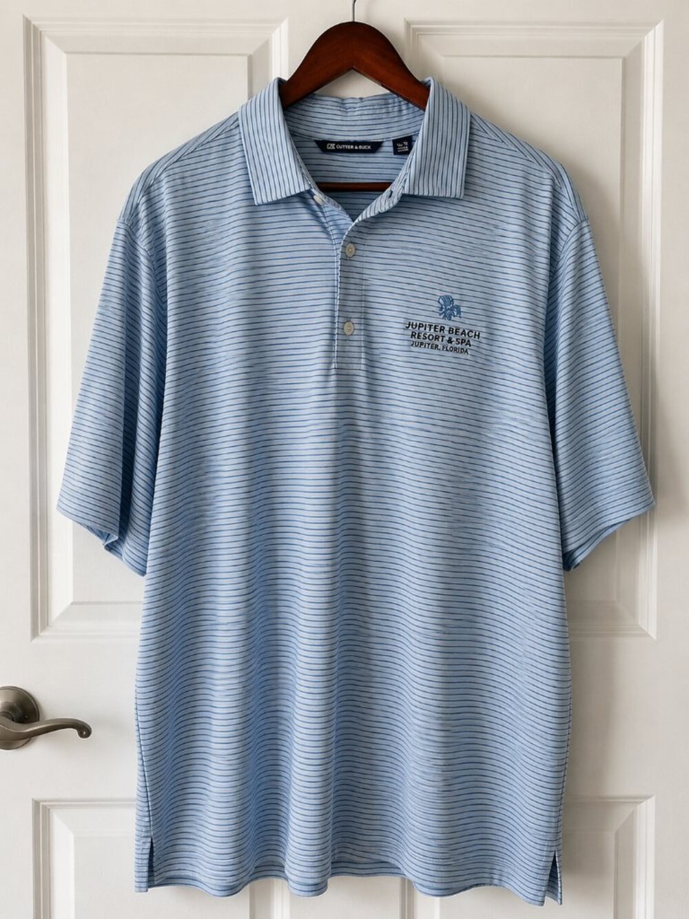 Cutter & Buck Stripe Performance Golf Polo Shirt Mens Blue Stretch Jupiter Beach